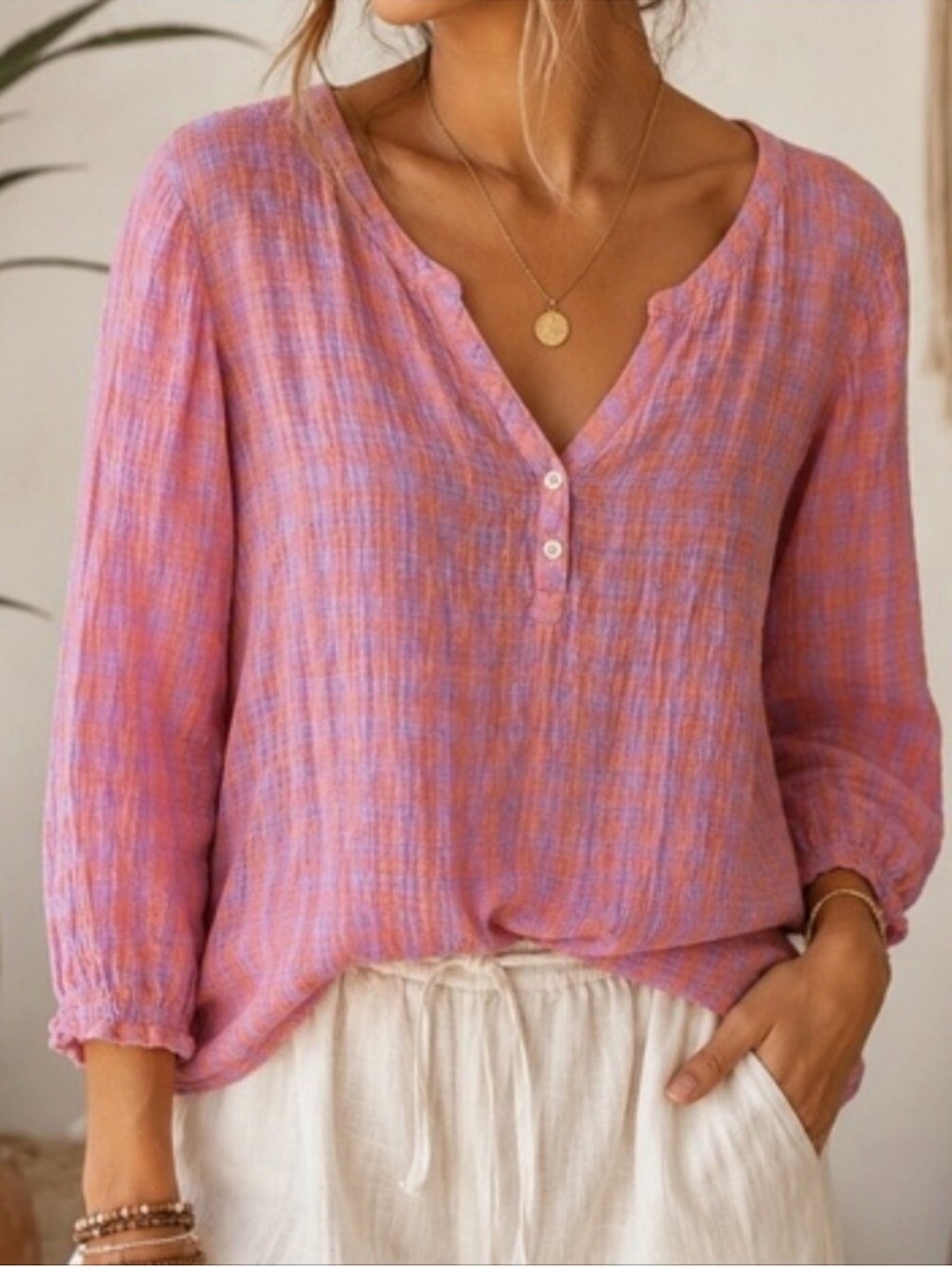 J.JILL COTTON GAUZE 3/4 SLEEVE GINGHAM TOP 4X